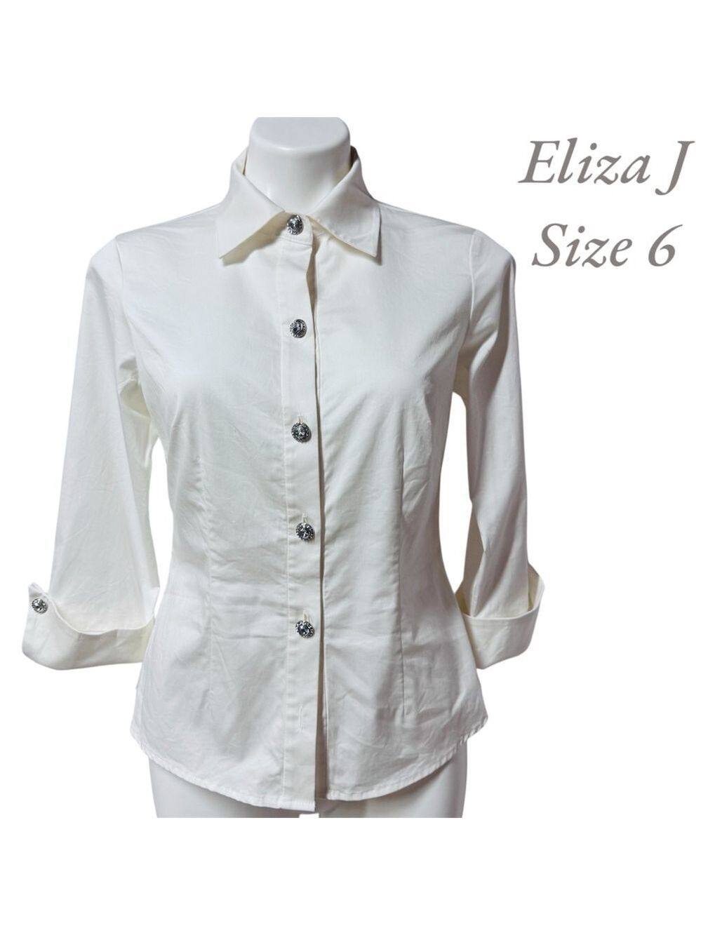 Eliza J Collared 3/4 Sleeve Blouse Top with Rhinestone Buttons, Size 6